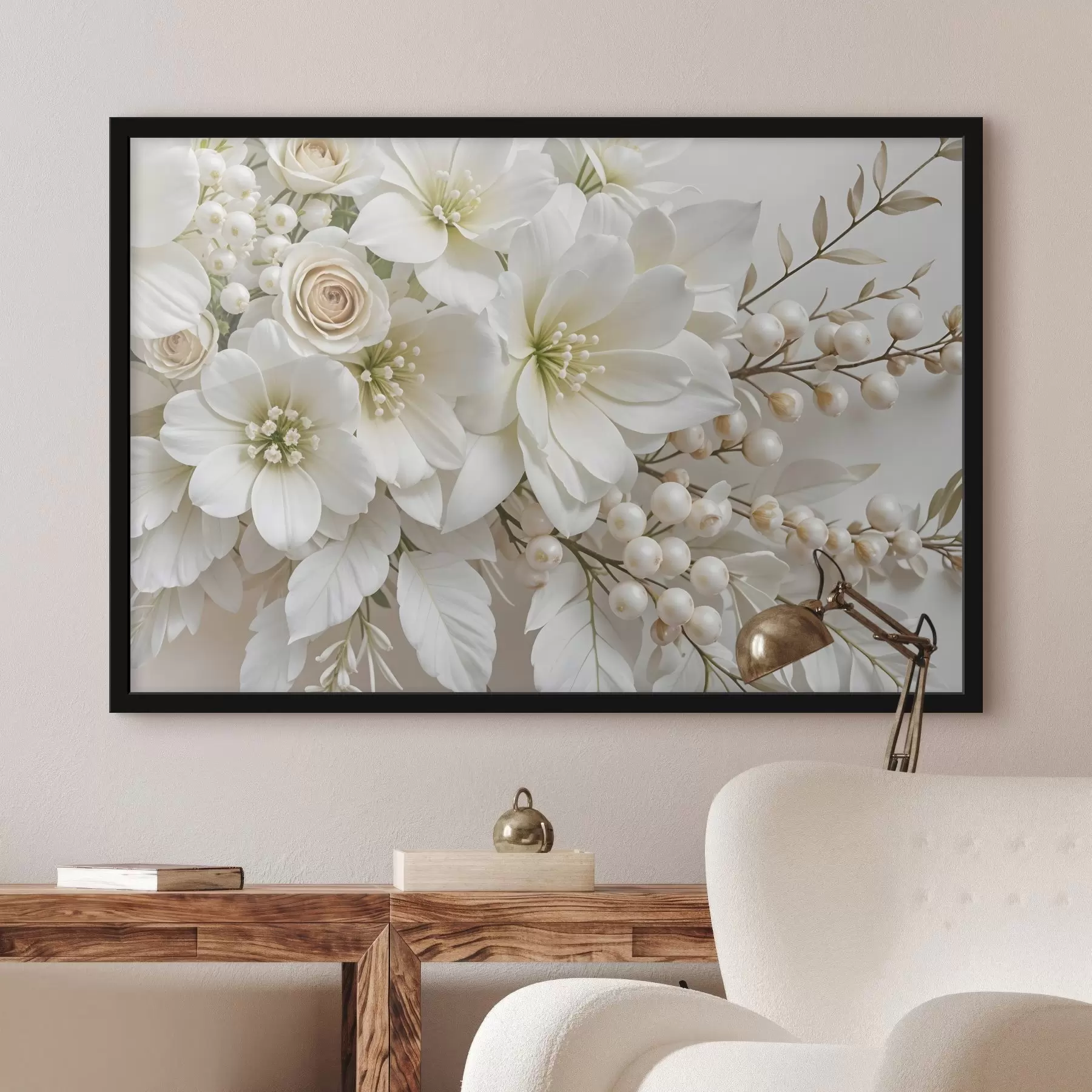 Fototapetes Smalki balti ziedi, tostarp lilijas, rozes un citi ziedi ar maigām, samtainām ziedlapiņām f41722