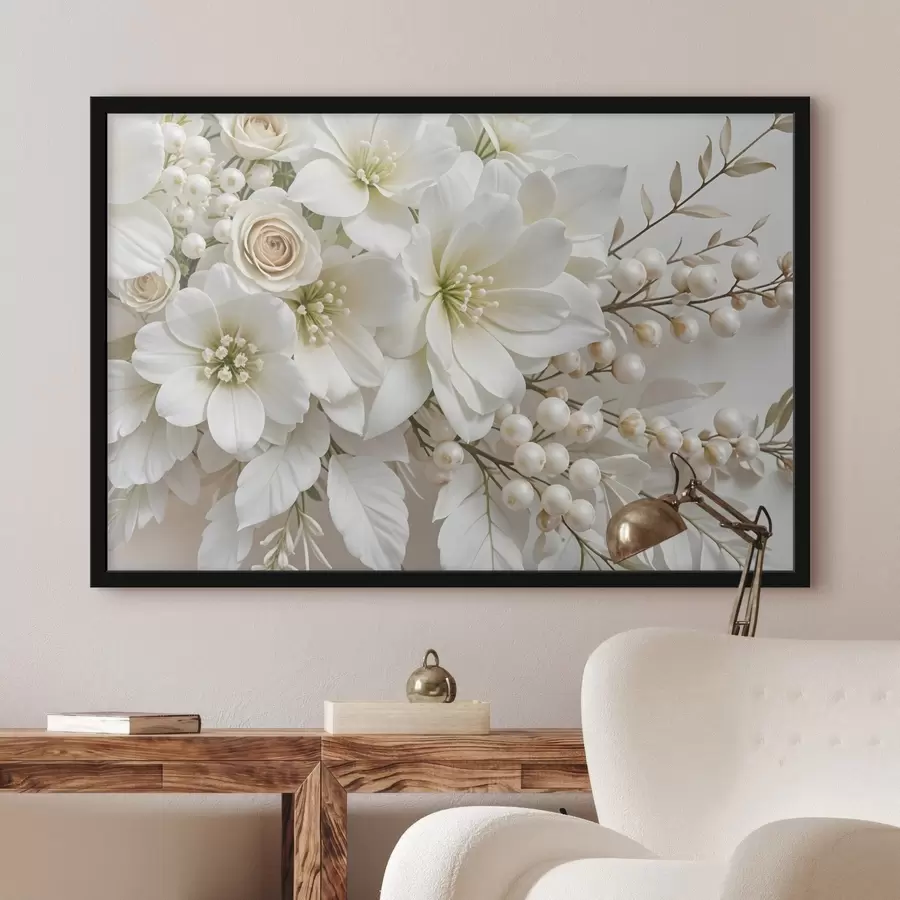 Fototapetes Smalki balti ziedi, tostarp lilijas, rozes un citi ziedi ar maigām, samtainām ziedlapiņām f41722