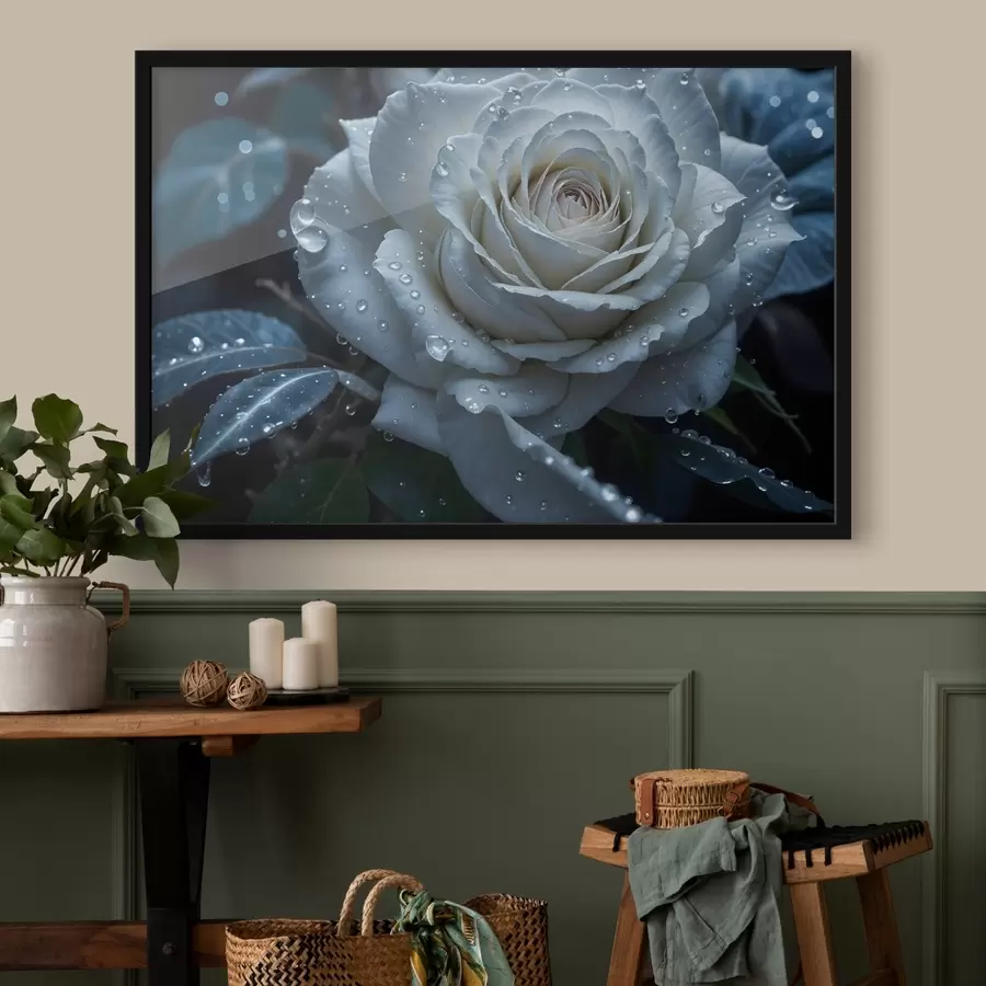 Fototapetes Tuvplānā redzama balta roze ar ūdens pilieniem uz ziedlapiņām uz tumša fona f41723