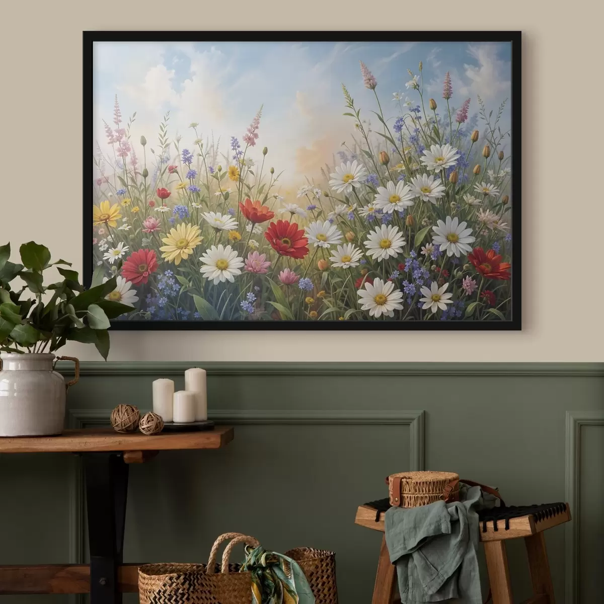 Plakāts Krāsainu savvaļas ziedu lauks, tostarp margrietiņas, magones un citi ziedoši augi uz zilu debesu fona f41725