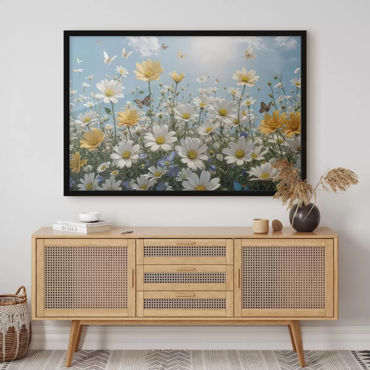 Plakāts Baltu un dzeltenu margrietiņu lauks uz zilām debesīm ar pūkainiem baltiem mākoņiem un lidojošiem tauriņiem f41726