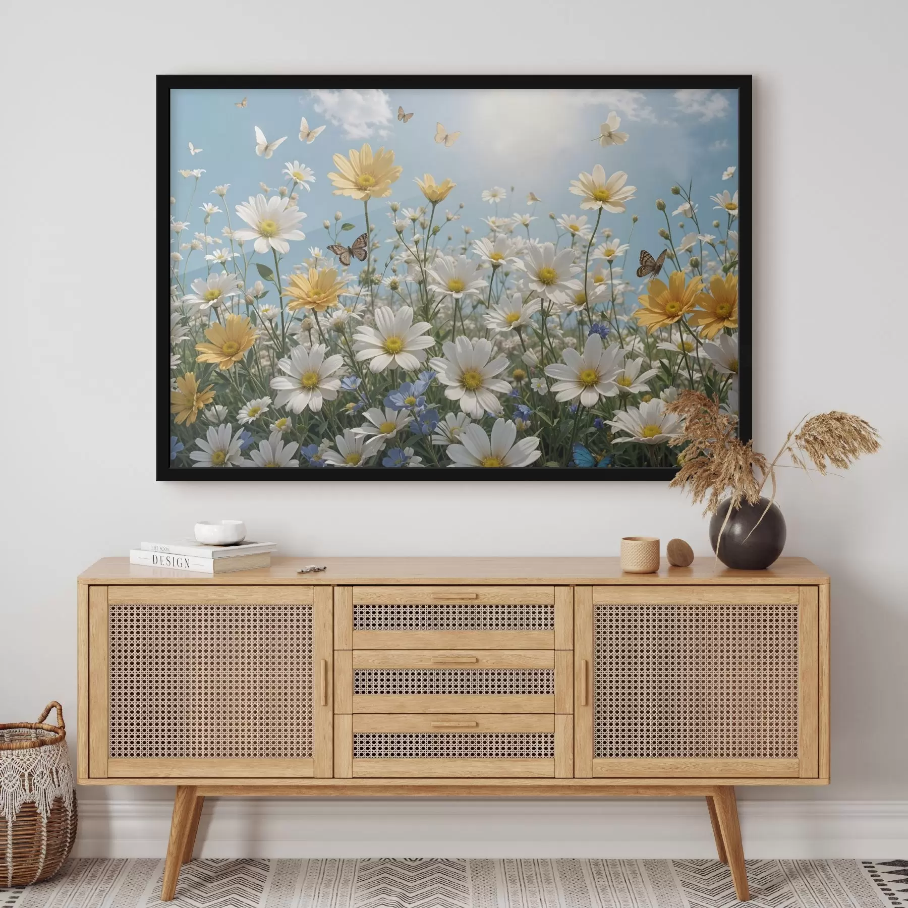 Fototapetes Baltu un dzeltenu margrietiņu lauks uz zilām debesīm ar pūkainiem baltiem mākoņiem un lidojošiem tauriņiem f41726