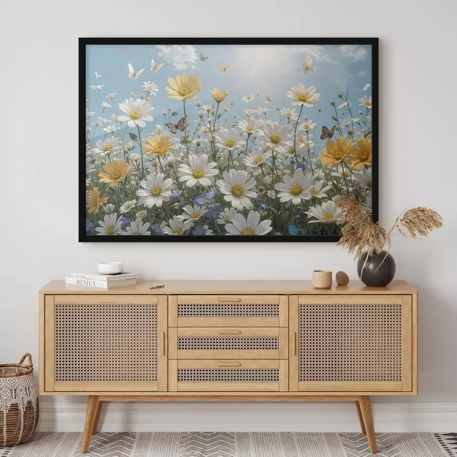 Fototapetes Baltu un dzeltenu margrietiņu lauks uz zilām debesīm ar pūkainiem baltiem mākoņiem un lidojošiem tauriņiem f41726