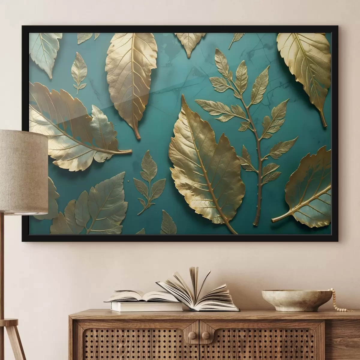 Plakāts Dzeltenas maigas lapas uz tīteļkrāsas fona, veidojot elegantu botānisko apdruku f41727