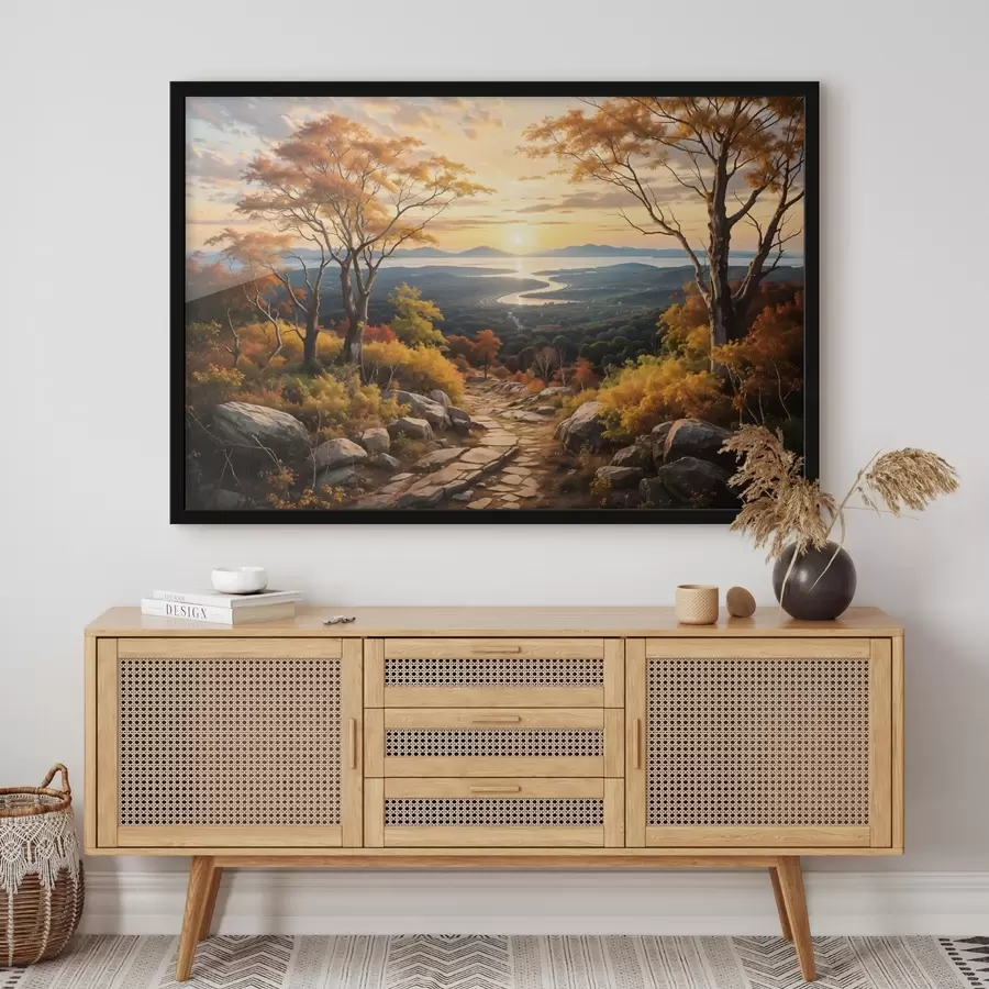 Fototapetes Ainava ar līkumainu zemes ceļu, kas ved cauri rudenīgi iekrāsotu koku mežam un saulrieta debesīm f41732