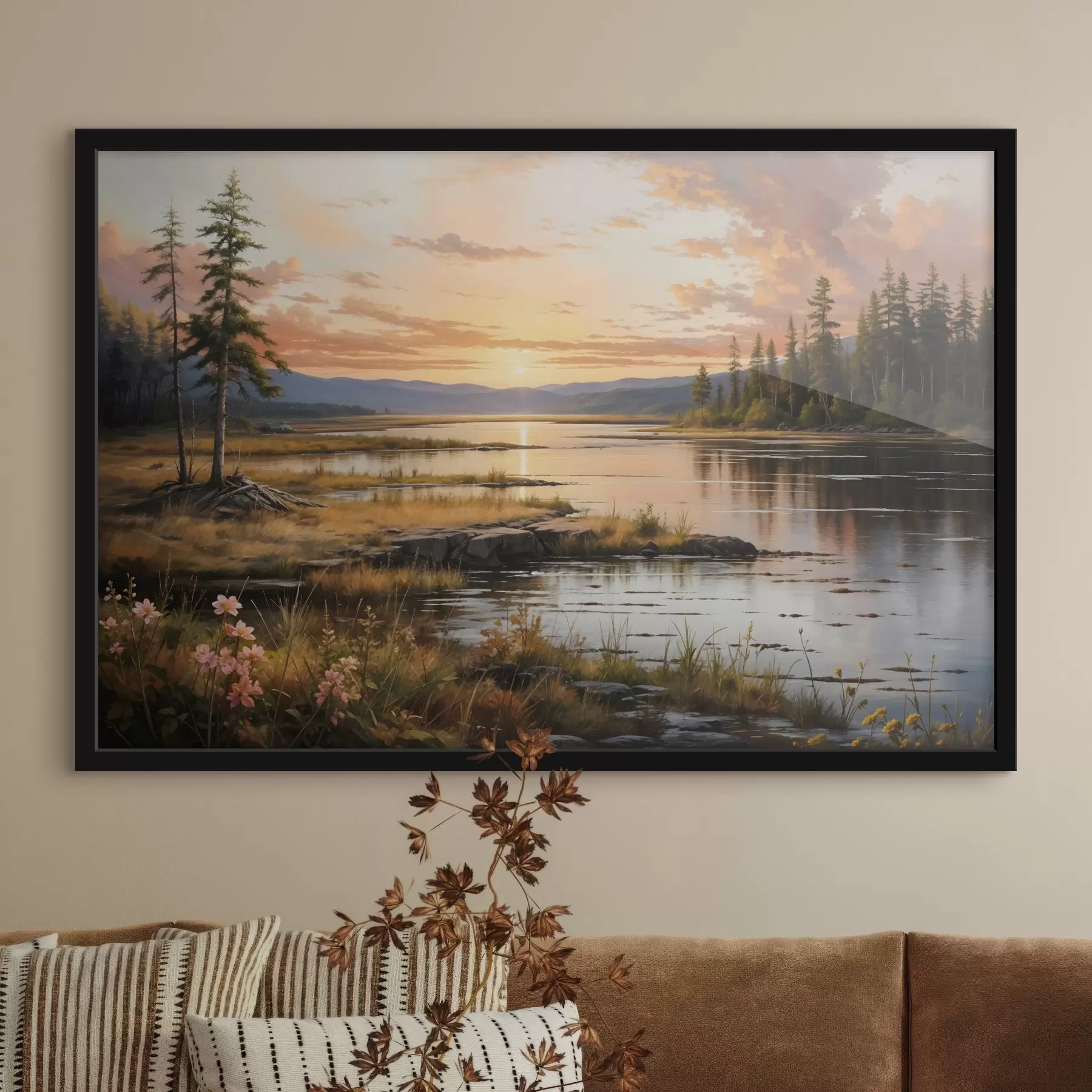 Fototapetes Mierīga ainava ar priežu ieskautu ezeru, kas atspoguļo saulrieta debesis siltajās krāsās f41733