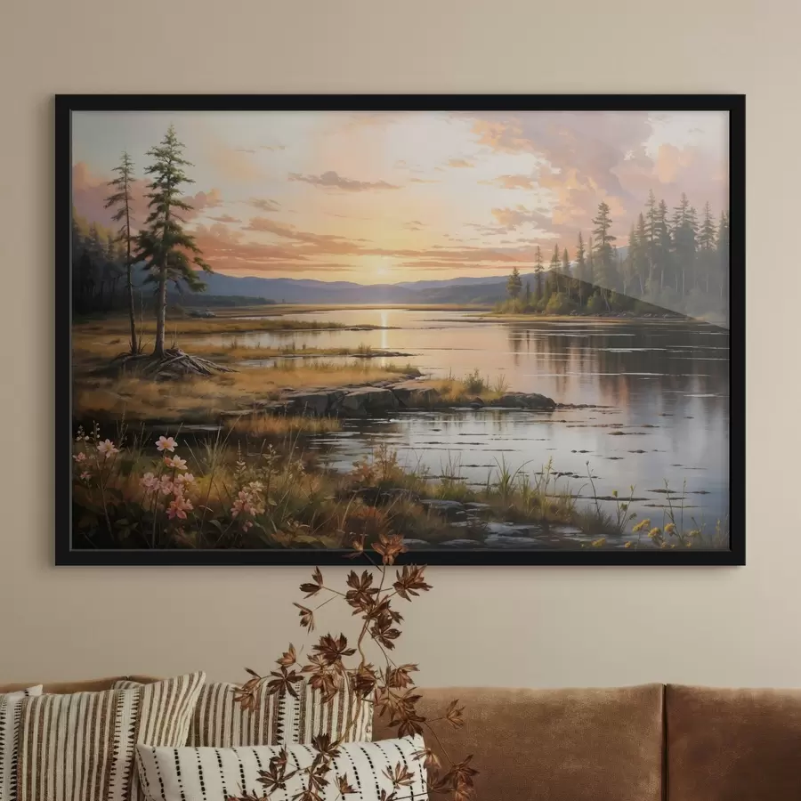 Fototapetes Mierīga ainava ar priežu ieskautu ezeru, kas atspoguļo saulrieta debesis siltajās krāsās f41733