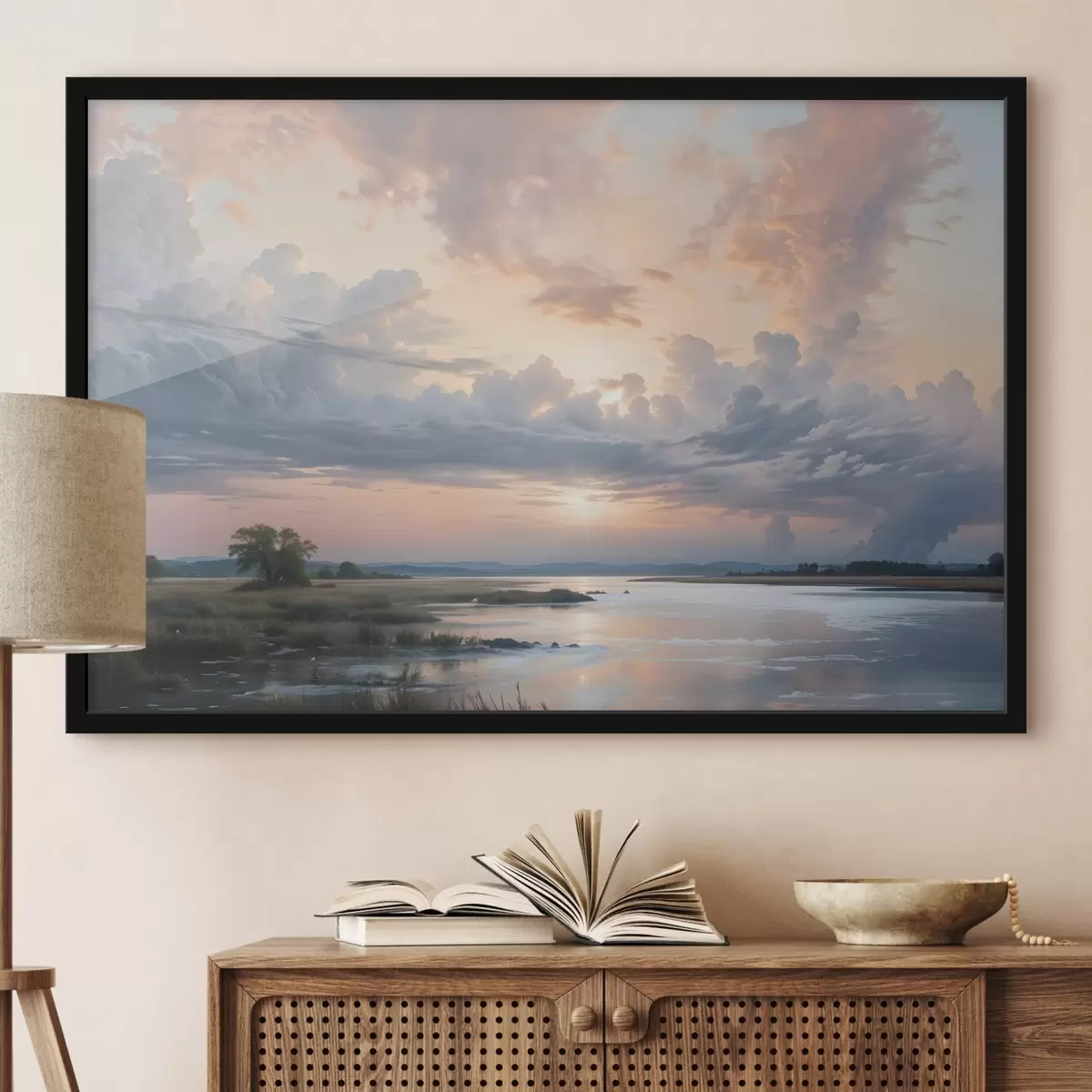 Plakāts Mierīga pasteļkrāsas ainava ar mierīgu ezeru, kas saulrieta laikā atspoguļo krāsainās debesis f41734