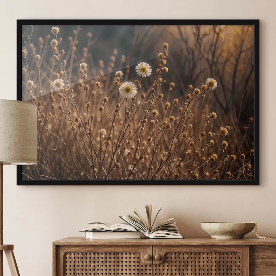 Fototapetes Baltas margrietiņas sausas zāles un stiebru laukā, siltā vakara saules gaismā f41735