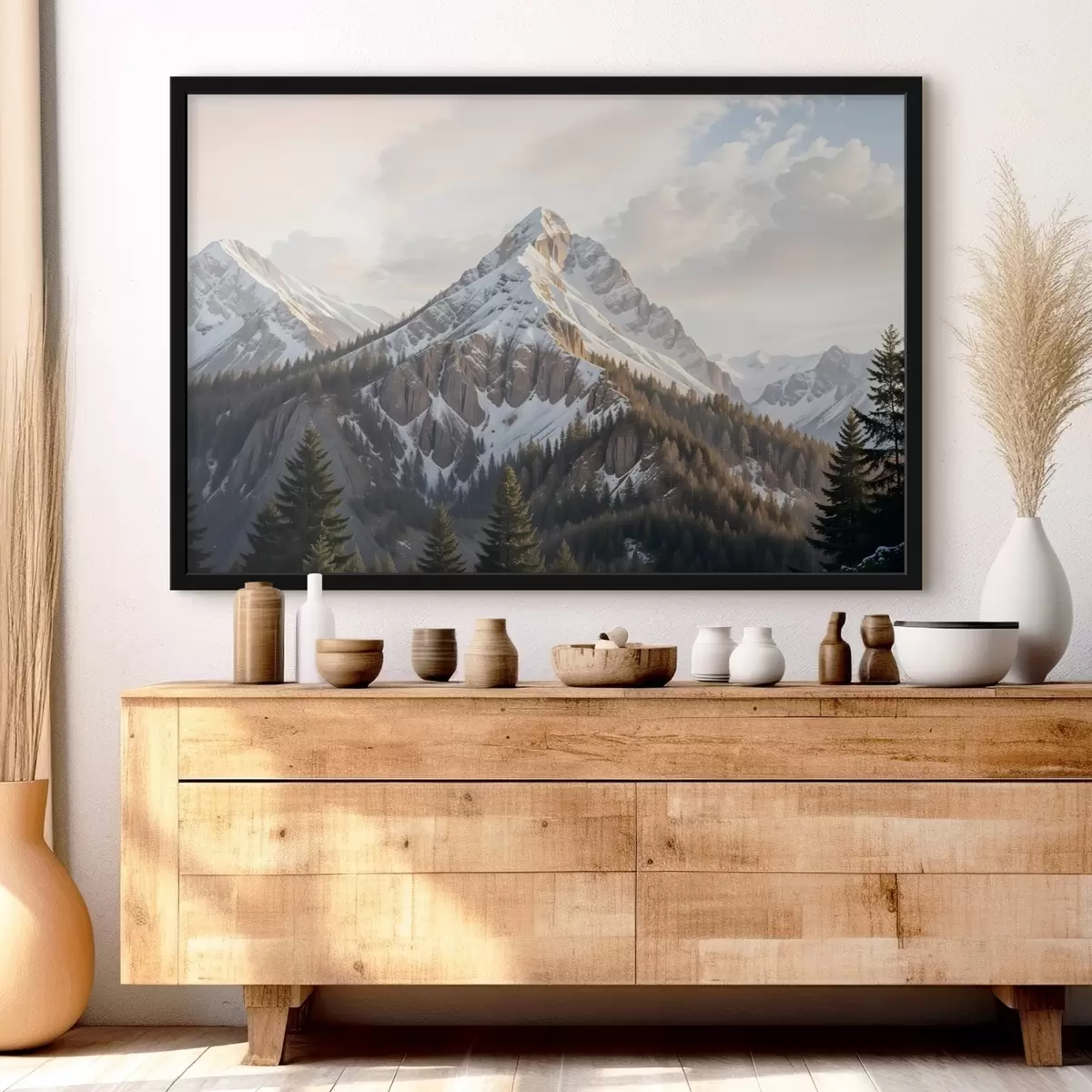 Plakāts Sniegota kalna virsotne, kas paceļas virs mežainas ainavas, ar priedēm priekšplānā f41736