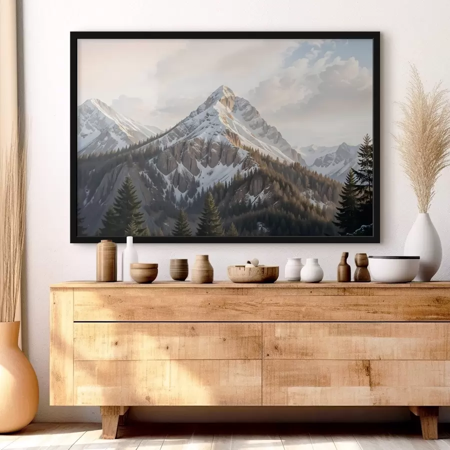 Fototapetes Sniegota kalna virsotne, kas paceļas virs mežainas ainavas, ar priedēm priekšplānā f41736