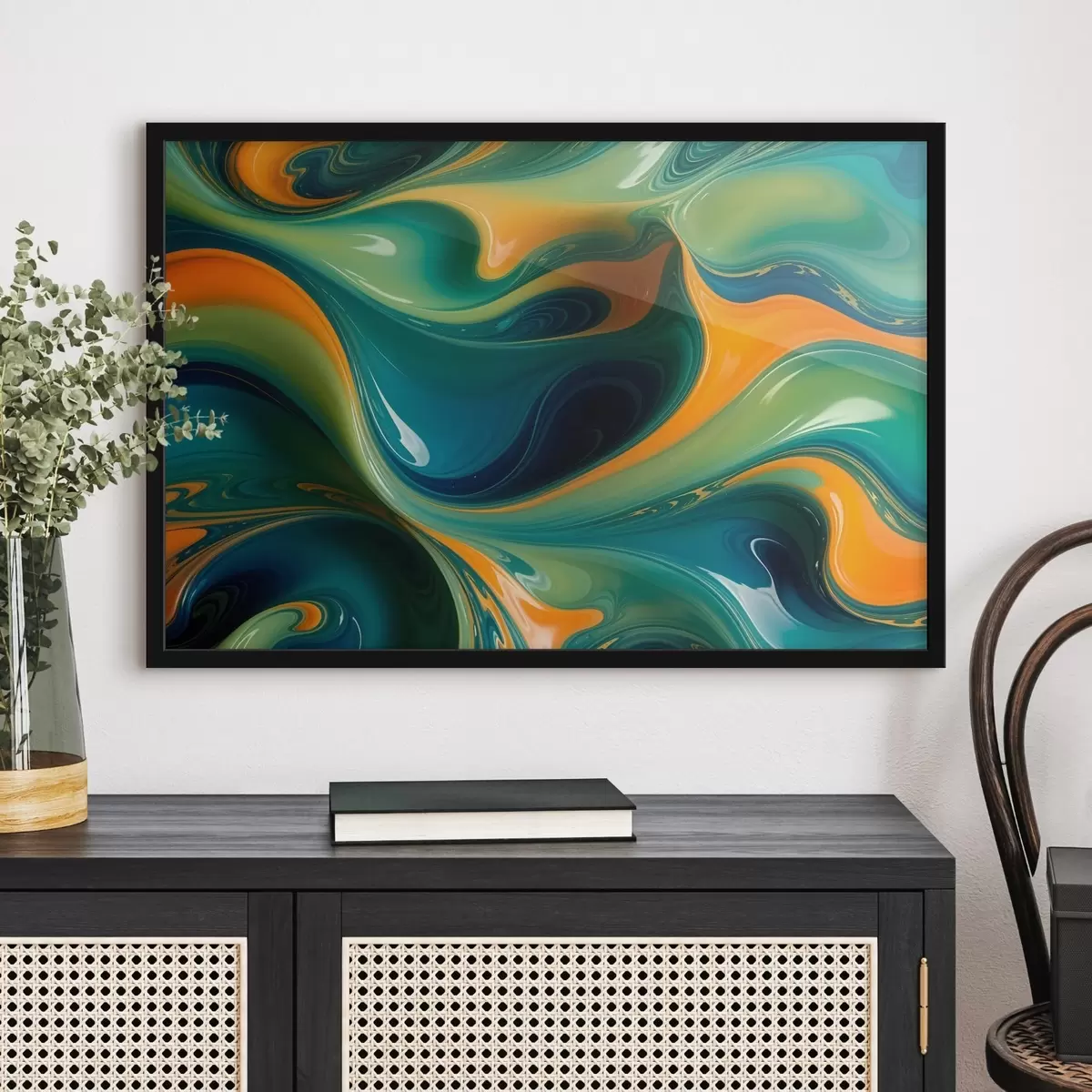 Plakāts Virpuļojoši abstrakti raksti zaļos, zilos un oranžos toņos ar plūstošām, organiskām formām un faktūrām f41737