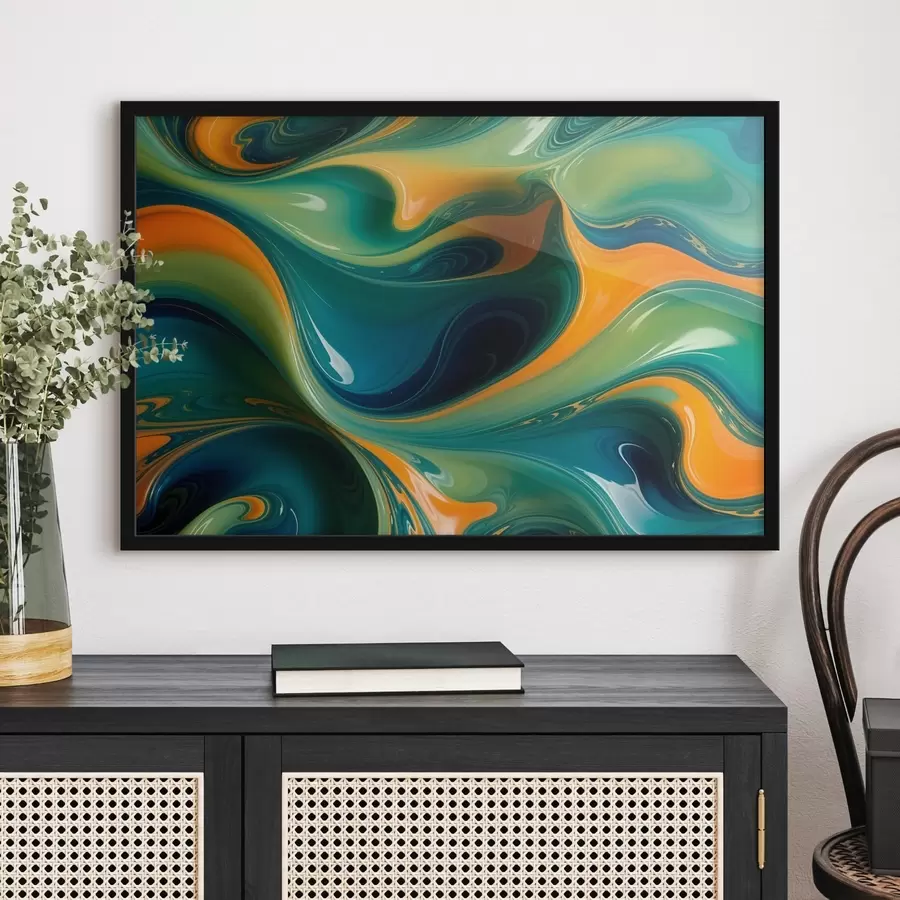 Fototapetes Virpuļojoši abstrakti raksti zaļos, zilos un oranžos toņos ar plūstošām, organiskām formām un faktūrām f41737