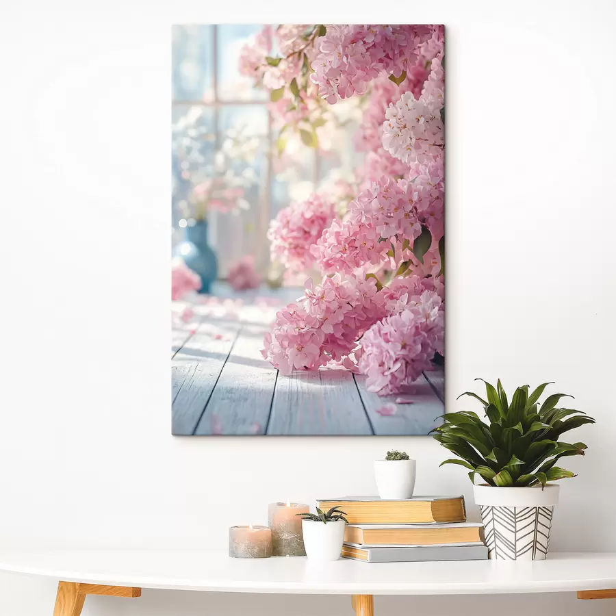 Glezna Rozā ceriņi uz loga fona s41748