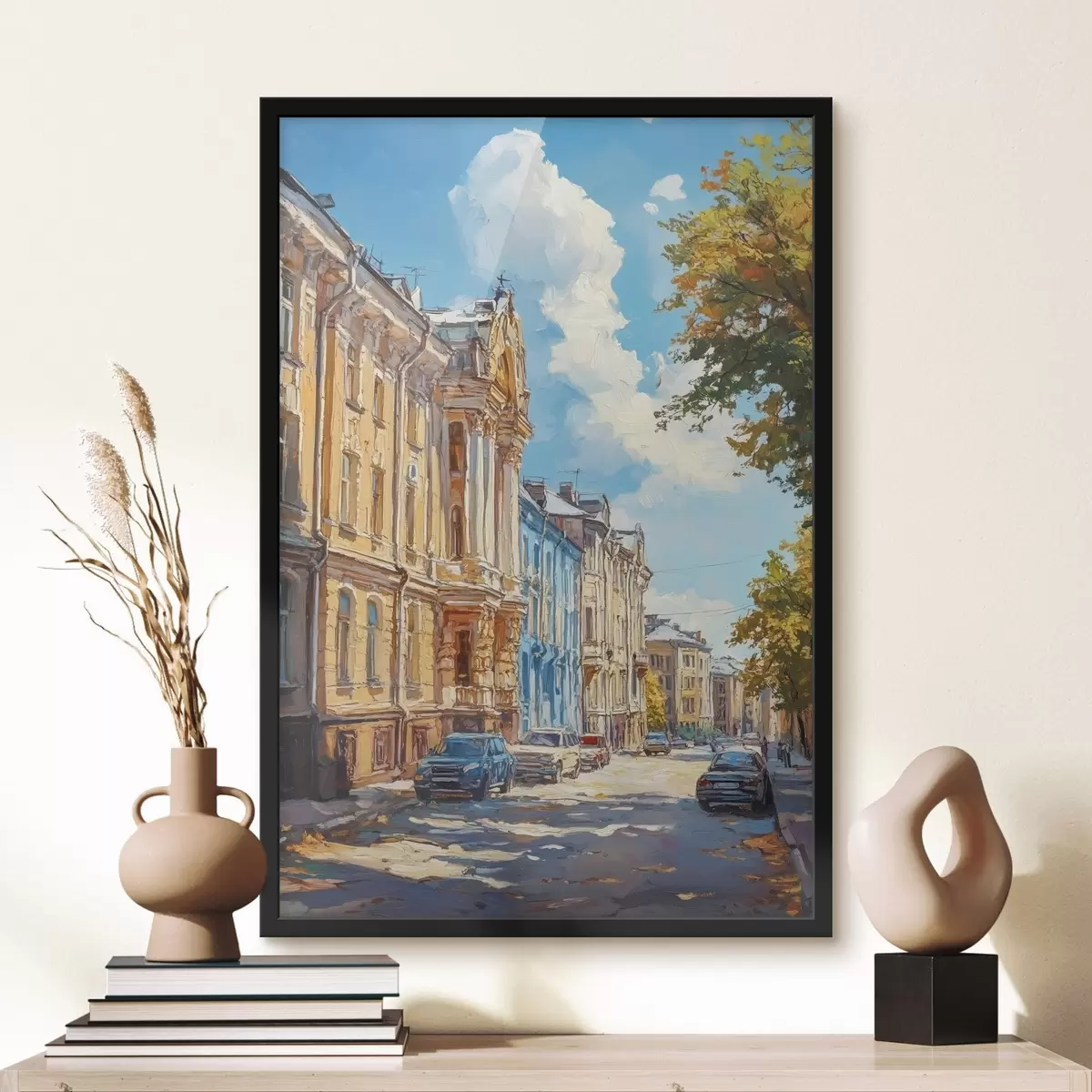 Plakāts Pilsētas iela saulainā dienā, eļļas krāsas stilā f41751