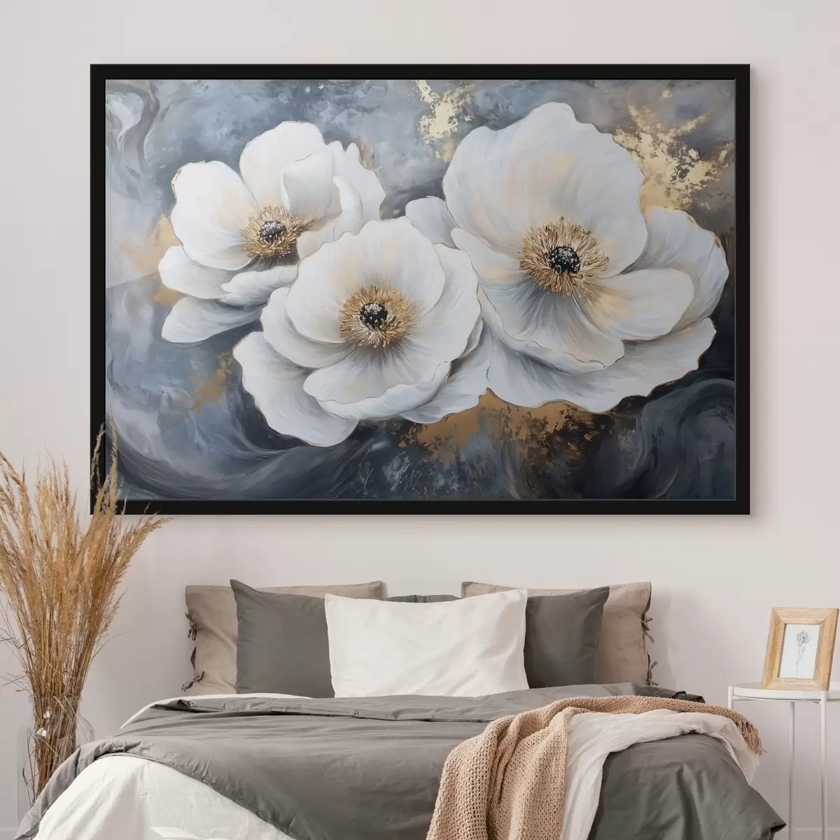 Plakāts Balti maigi ziedi uz eļļas glezna insultu fona f41833