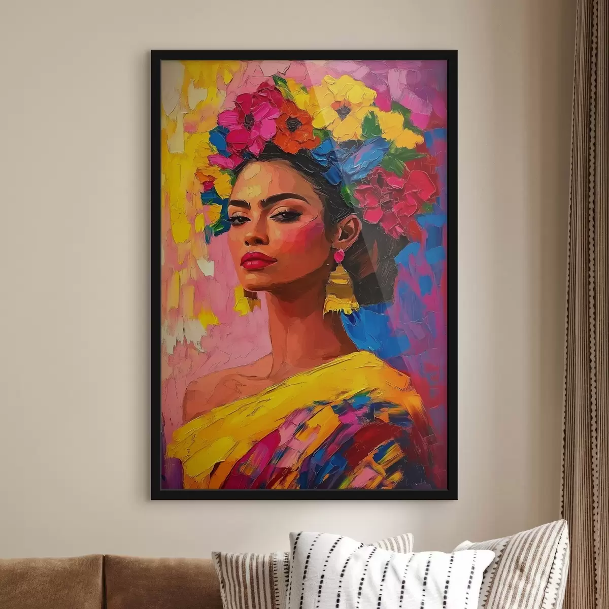 Plakāts Sieviete ar košu ziedu vainagu uz krāsaina fona f41809