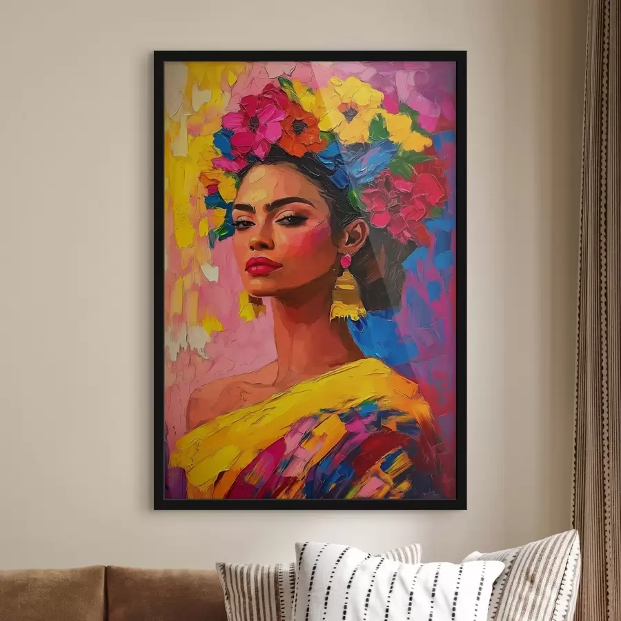 Fototapetes Sieviete ar košu ziedu vainagu uz krāsaina fona f41809