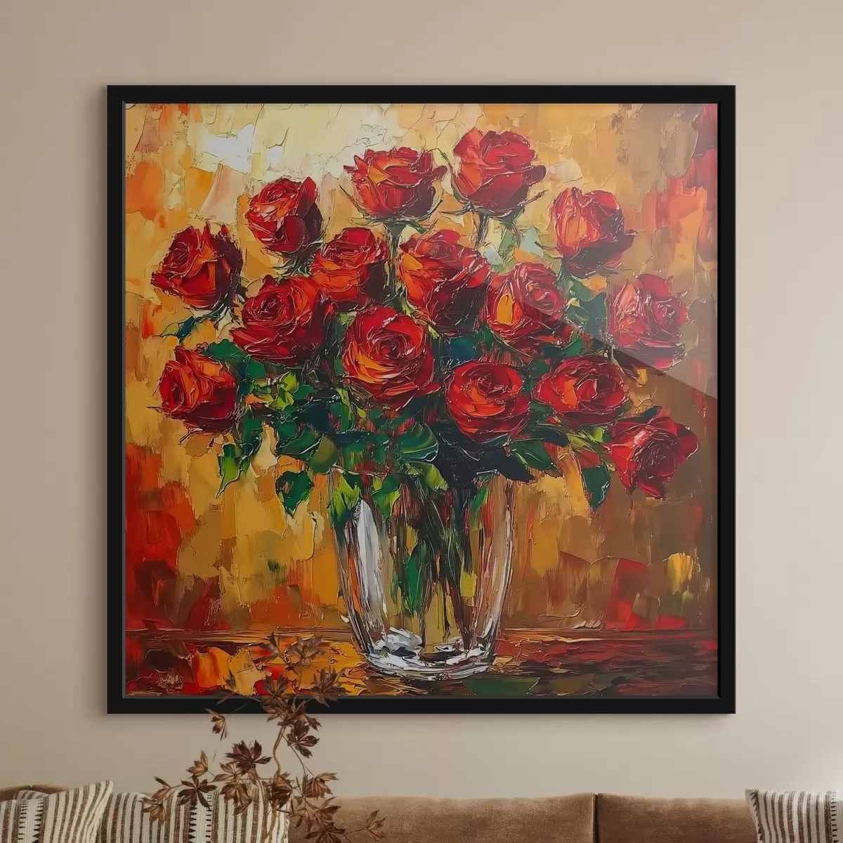 Plakāts Sarkanas rozes caurspīdīgā vāzē uz silta fona f41816