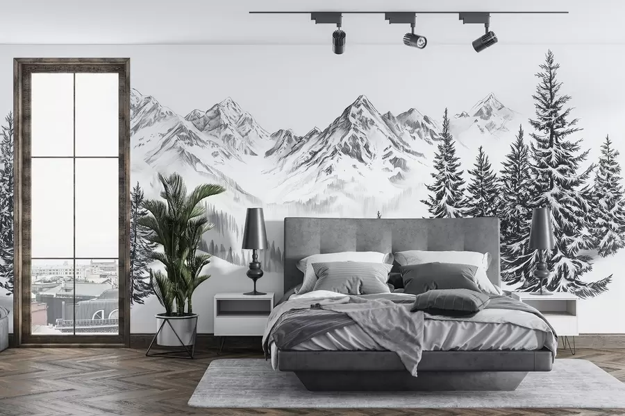 Fototapetes Alpu kalni sniegā, zīmuļa stils, minimālisms w02352