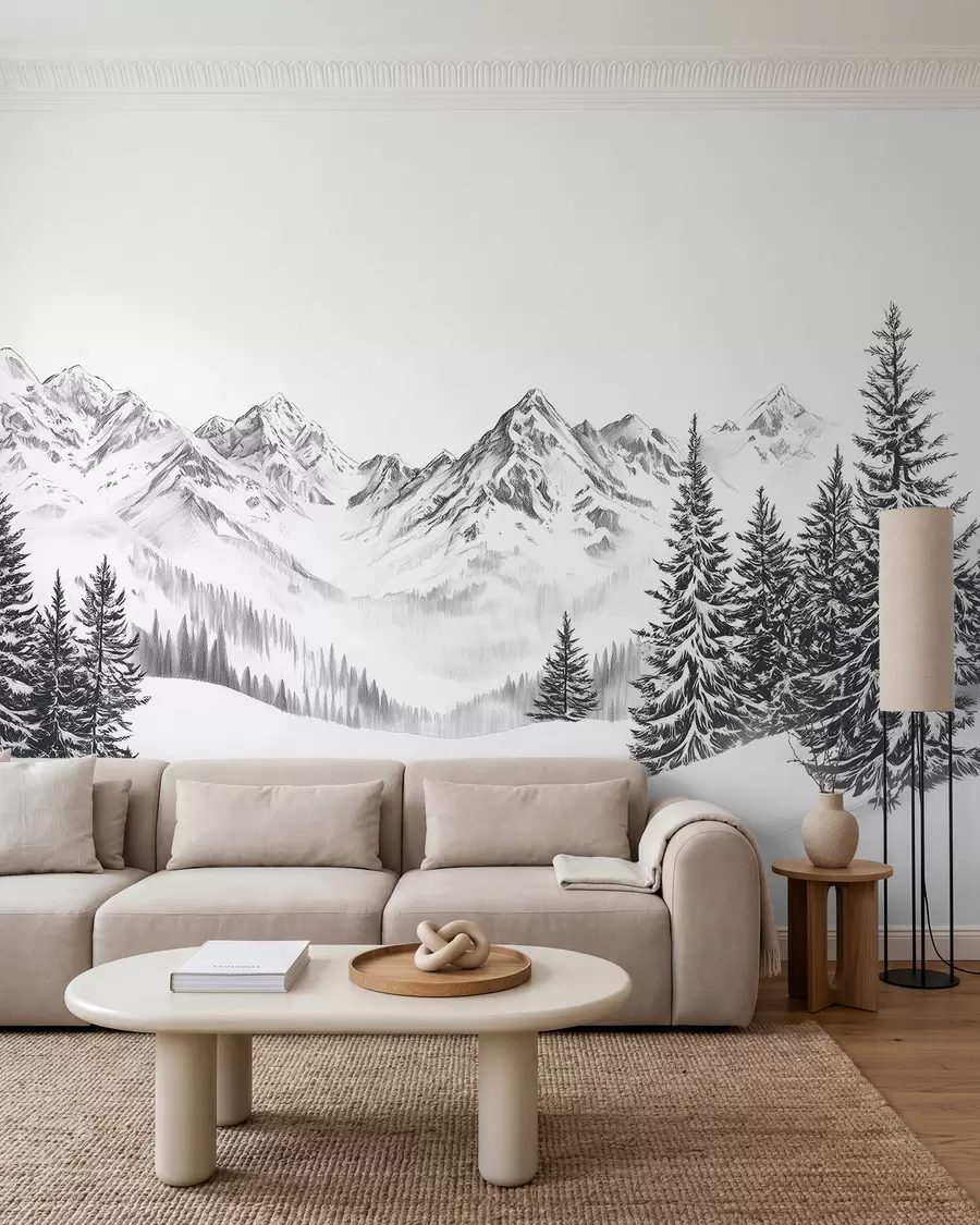 Fototapetes Alpu kalni sniegā, zīmuļa stils, minimālisms w02352