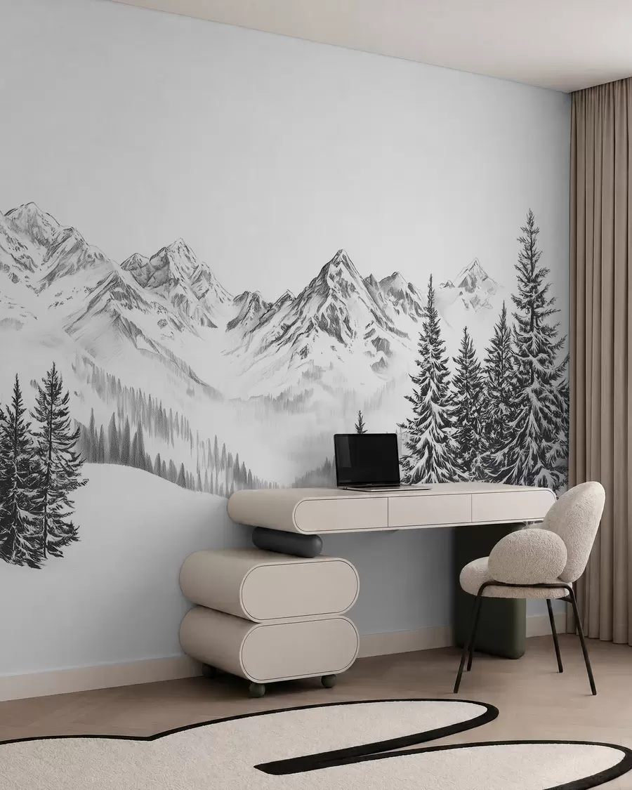 Fototapetes Alpu kalni sniegā, zīmuļa stils, minimālisms w02352