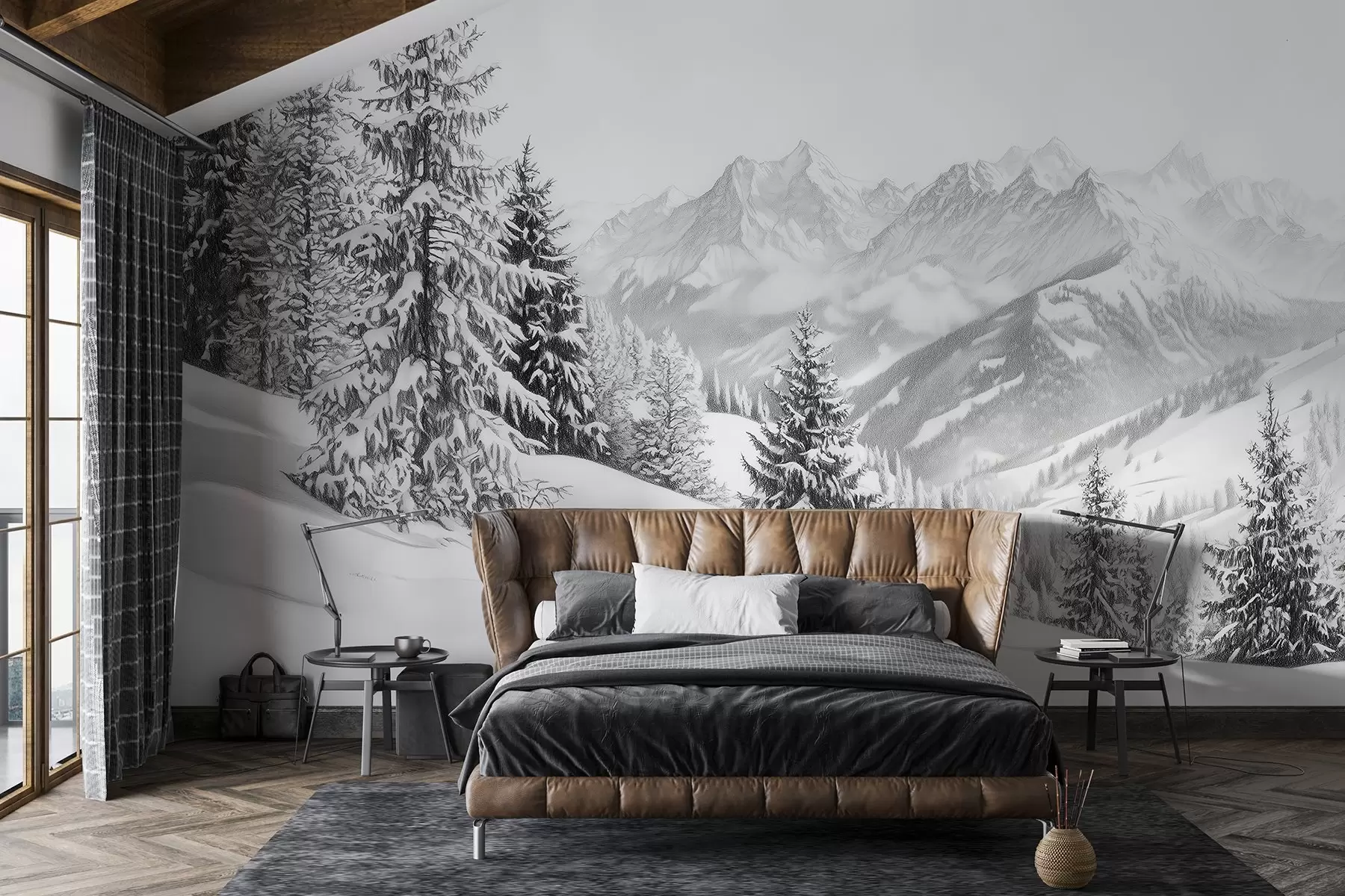 Fototapetes Ziema kalnos, mežs, Alpi, zīmējums ar zīmuli, dabas ainavas w02353