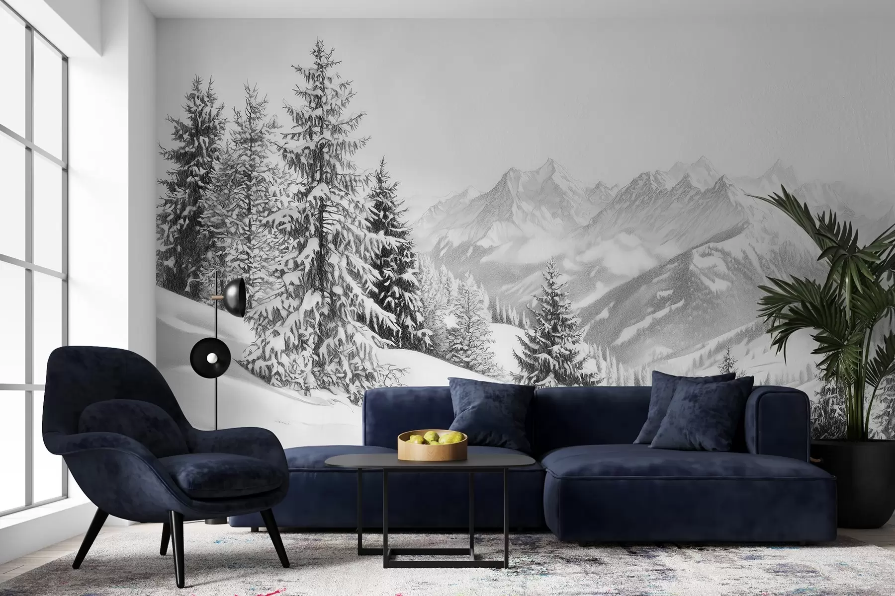 Fototapetes Ziema kalnos, mežs, Alpi, zīmējums ar zīmuli, dabas ainavas w02353