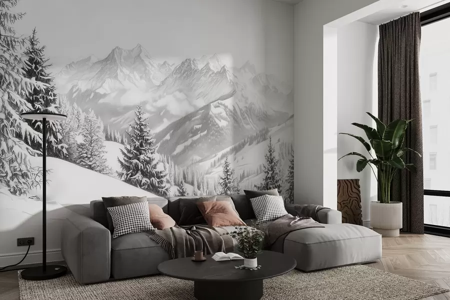 Fototapetes Ziema kalnos, mežs, Alpi, zīmējums ar zīmuli, dabas ainavas w02353