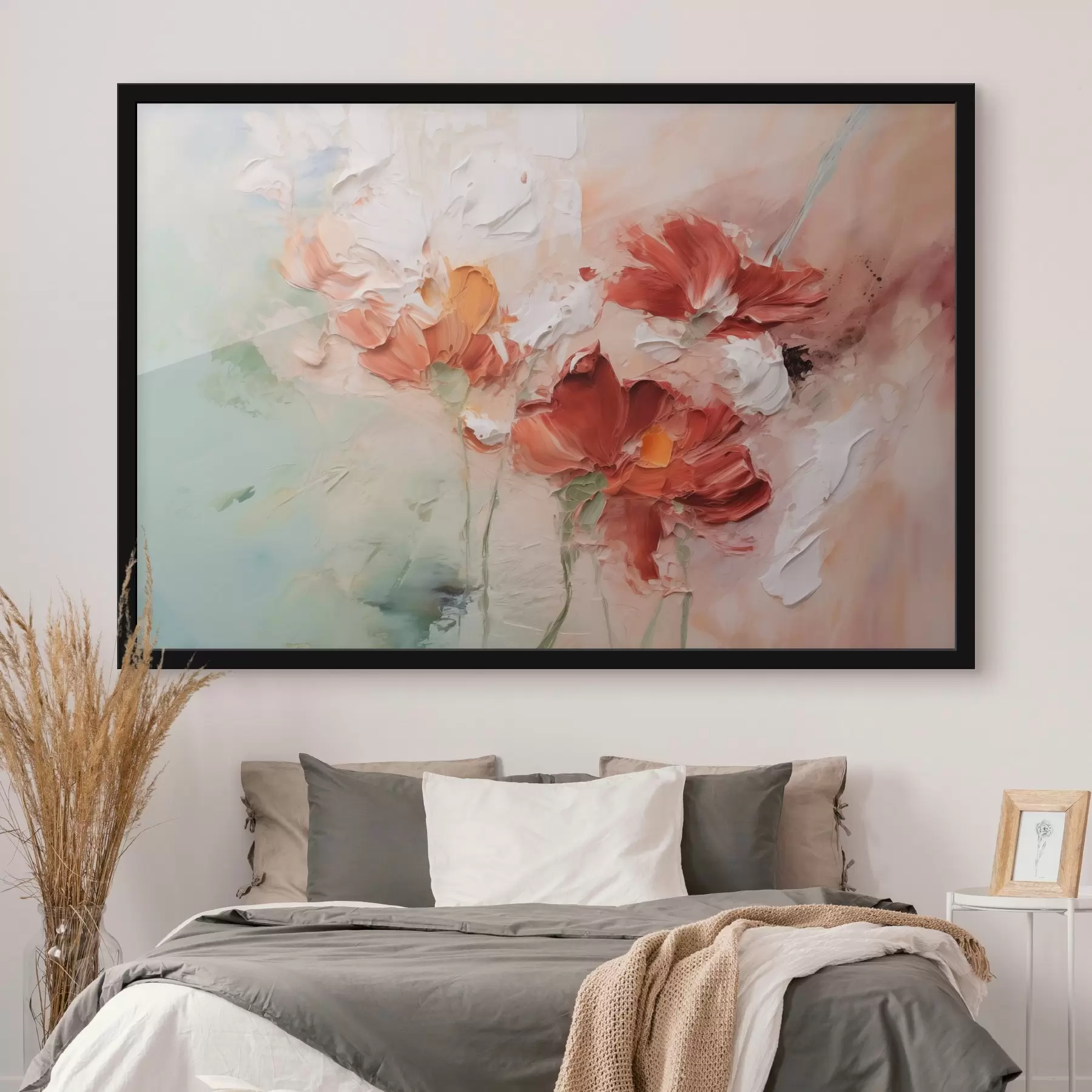 Fototapetes Abstrakta ziedu kompozīcija, otas triepienu imitācija, zaļi, sarkani toņi f41852