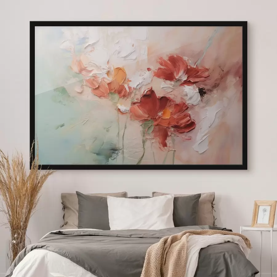 Fototapetes Abstrakta ziedu kompozīcija, otas triepienu imitācija, zaļi, sarkani toņi f41852