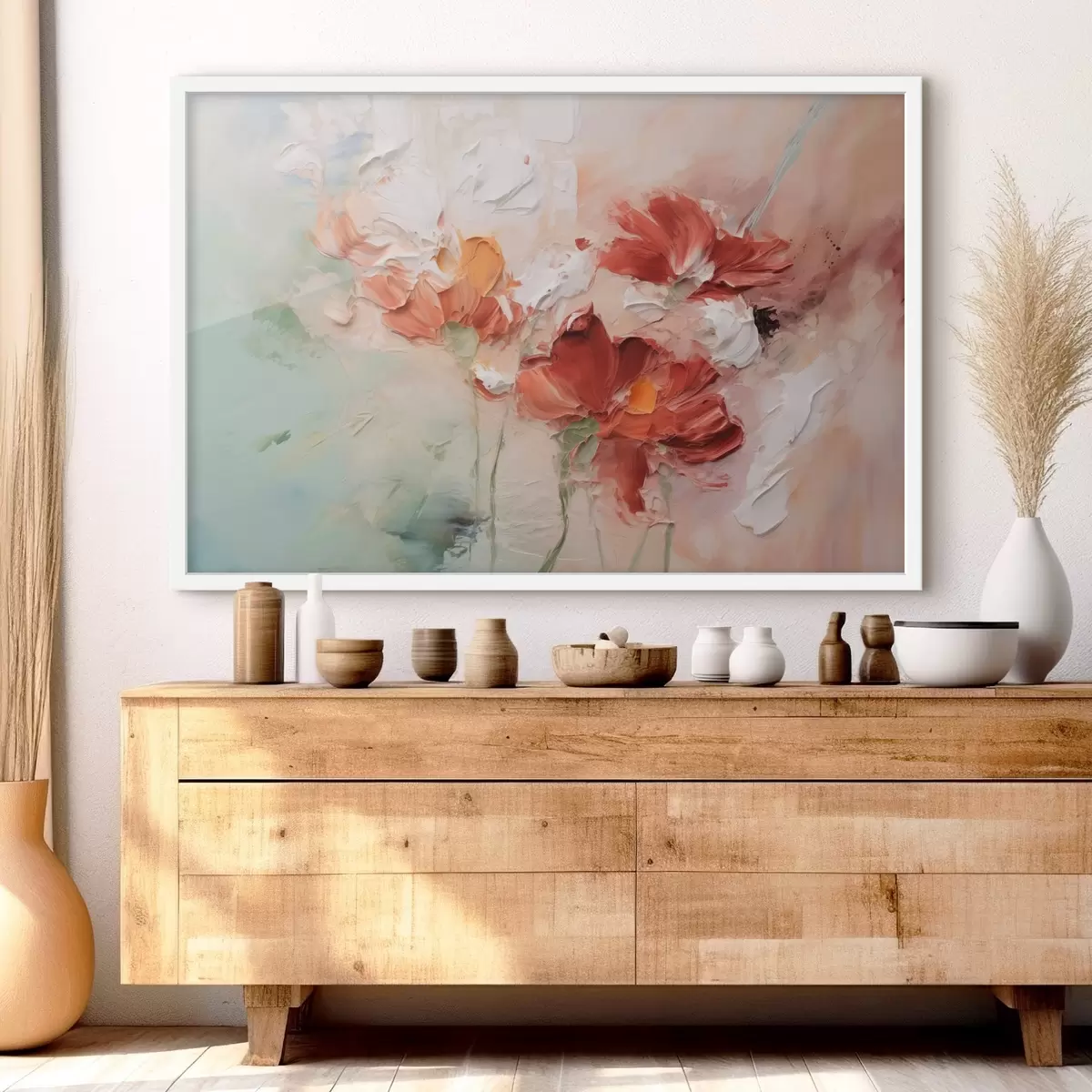 Plakāts Abstrakta ziedu kompozīcija, otas triepienu imitācija, zaļi, sarkani toņi f41852