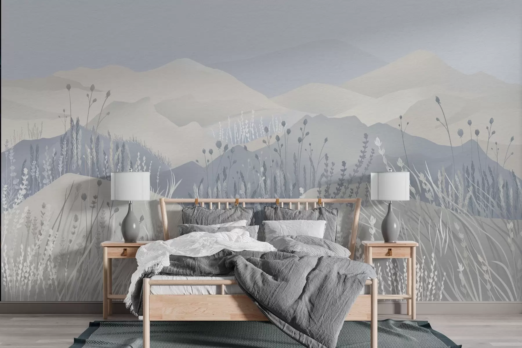 Fototapetes Miglaini kalni un zilganos toņos ieturētas lauka zāles un ziedi w02317v1