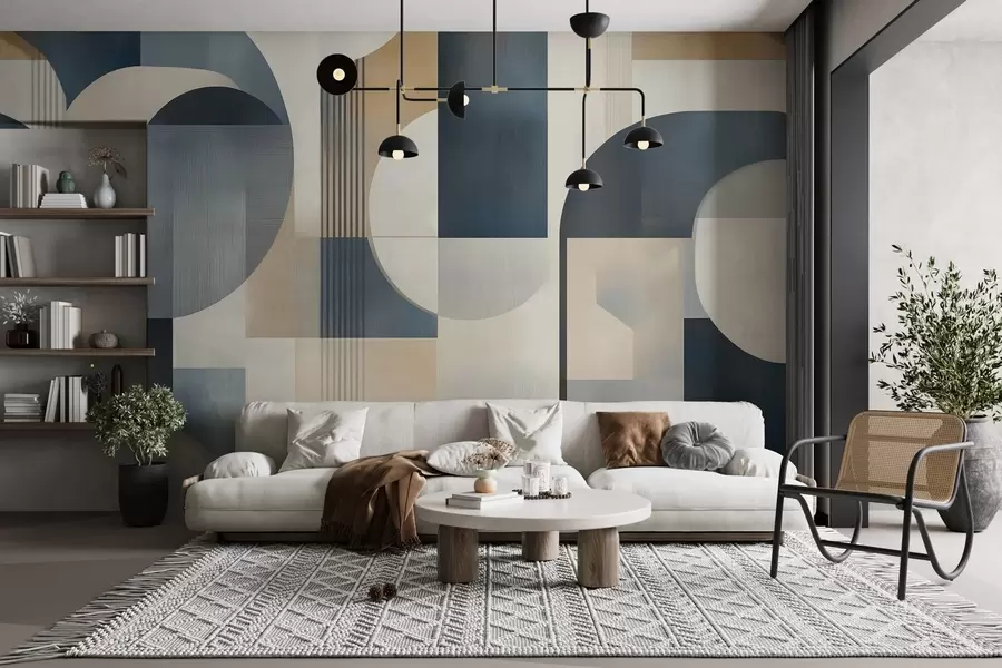 Fototapetes Art Deco tapetes ar ģeometrisku rakstu zilos, bēšos un piena toņos w02346