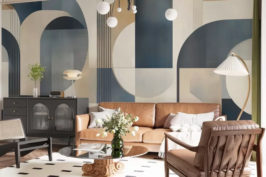 Fototapetes Art Deco tapetes ar ģeometrisku rakstu zilos, bēšos un piena toņos w02346