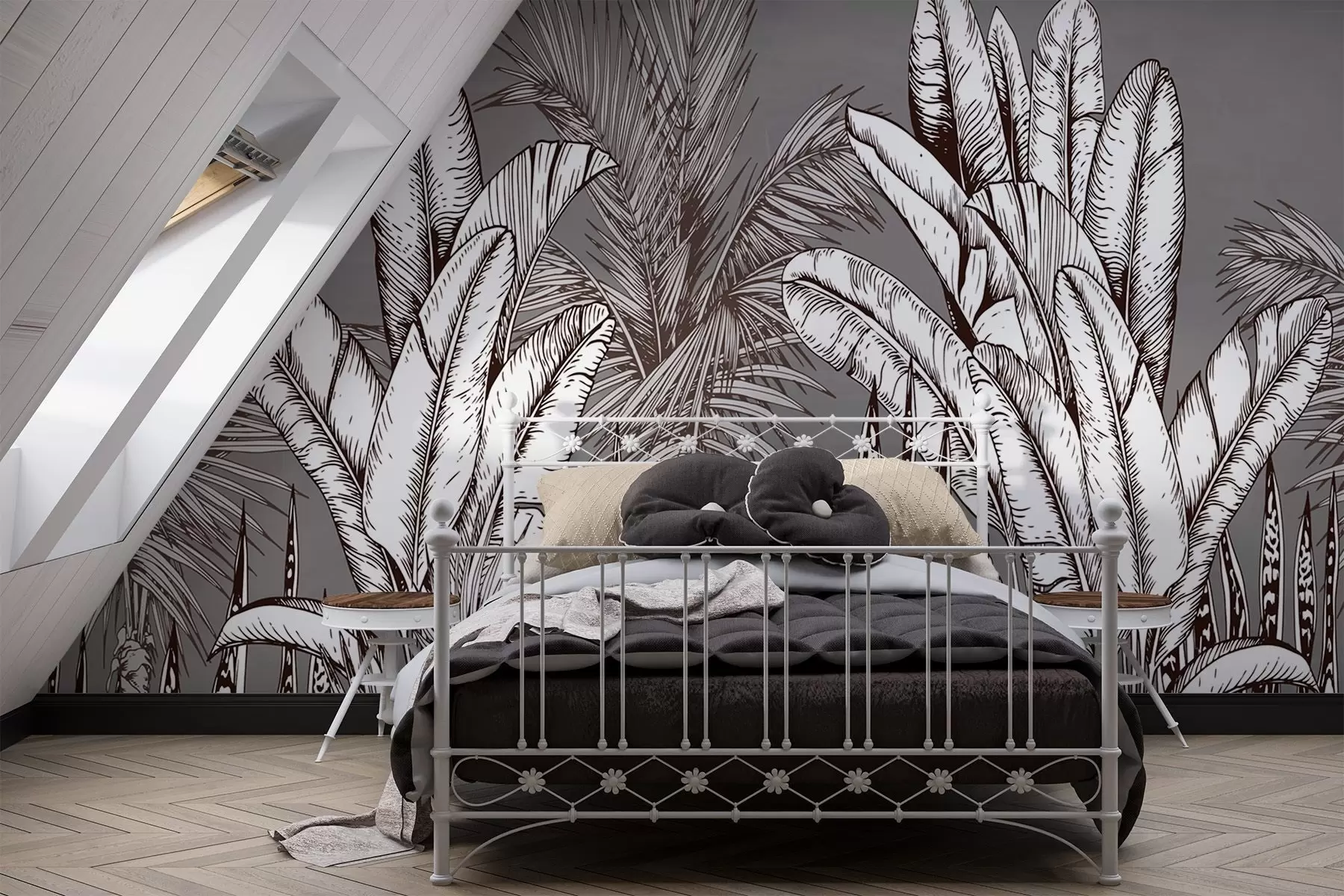 Fototapetes Modelis ar tropu lapām uz pelēka fona w02299