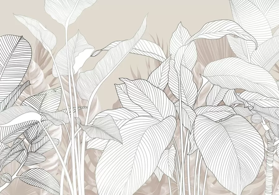 Fototapetes Vienkrāsaina ilustrācija ar lielām, stilizētām lapām un zaļumiem ar sarežģītiem līniju rakstiem un faktūrām w08436v1