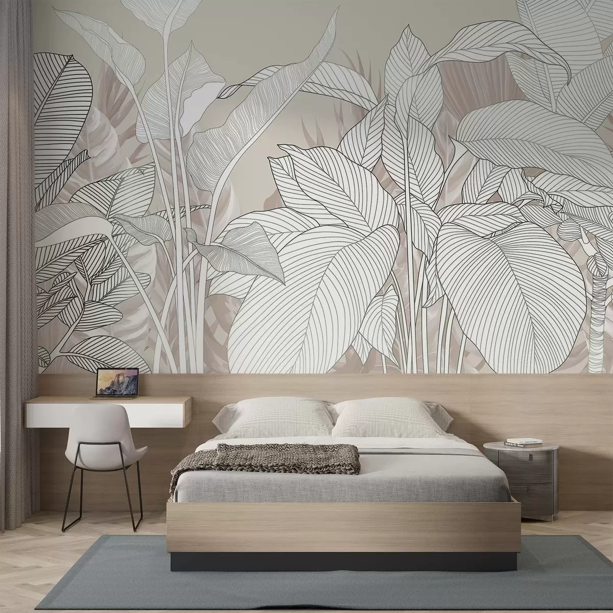 Fototapetes Vienkrāsaina ilustrācija ar lielām, stilizētām lapām un zaļumiem ar sarežģītiem līniju rakstiem un faktūrām w08436v1