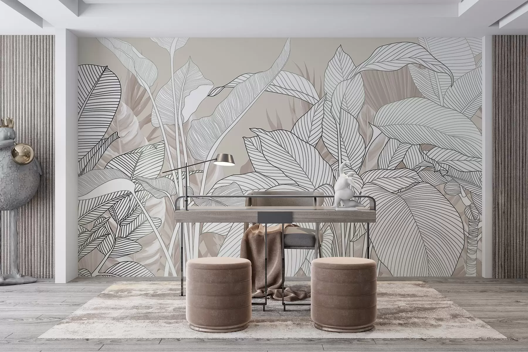 Fototapetes Vienkrāsaina ilustrācija ar lielām, stilizētām lapām un zaļumiem ar sarežģītiem līniju rakstiem un faktūrām w08436v1