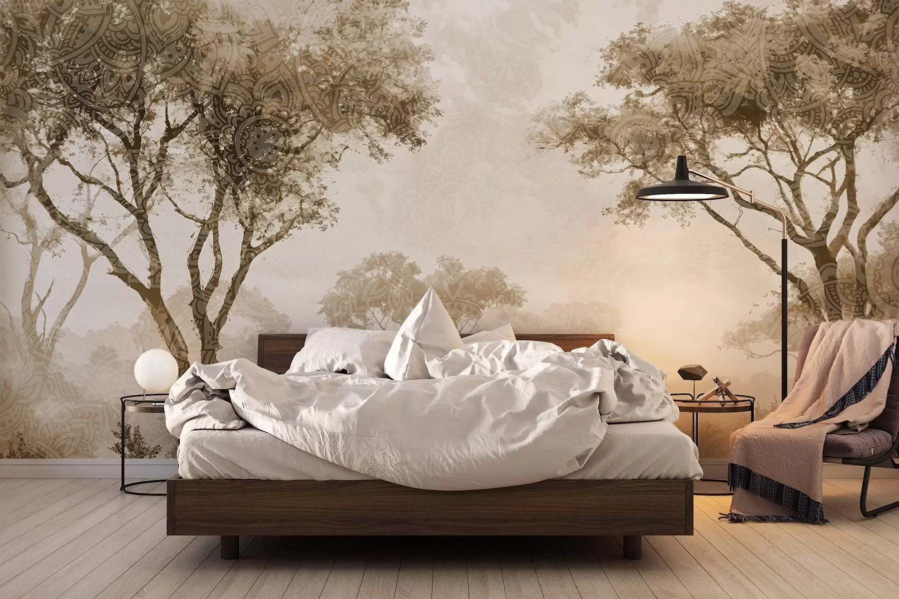 Fototapetes Miglaina, mierīga ainava ar koku siluetiem priekšplānā un maigu miglu brūnā un smilškrāsas toņos w08442v2