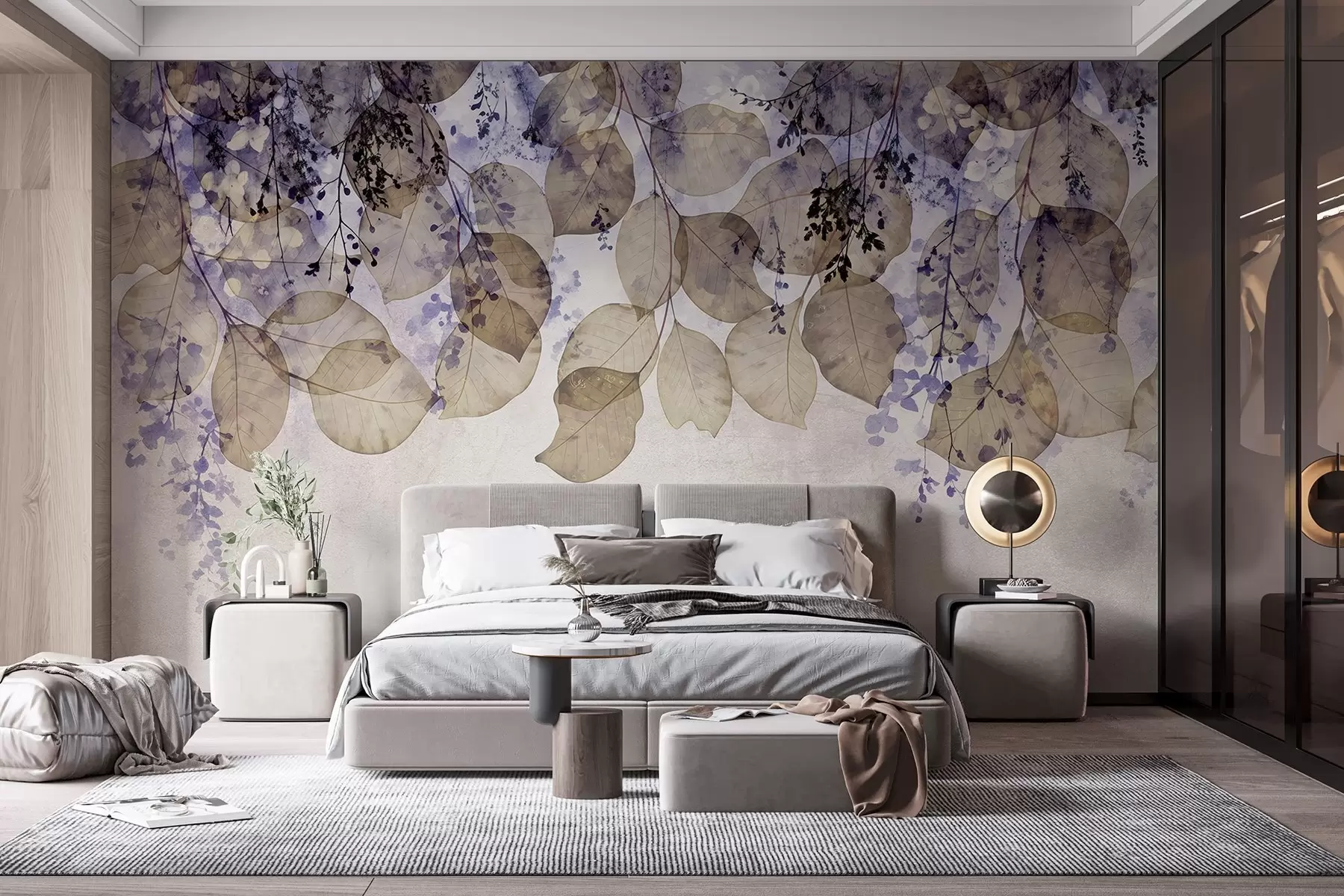 Fototapetes Maigi kaltētas lapas un ziedi violetos, bēšos un baltos toņos uz gaiša faktūrfona w08447