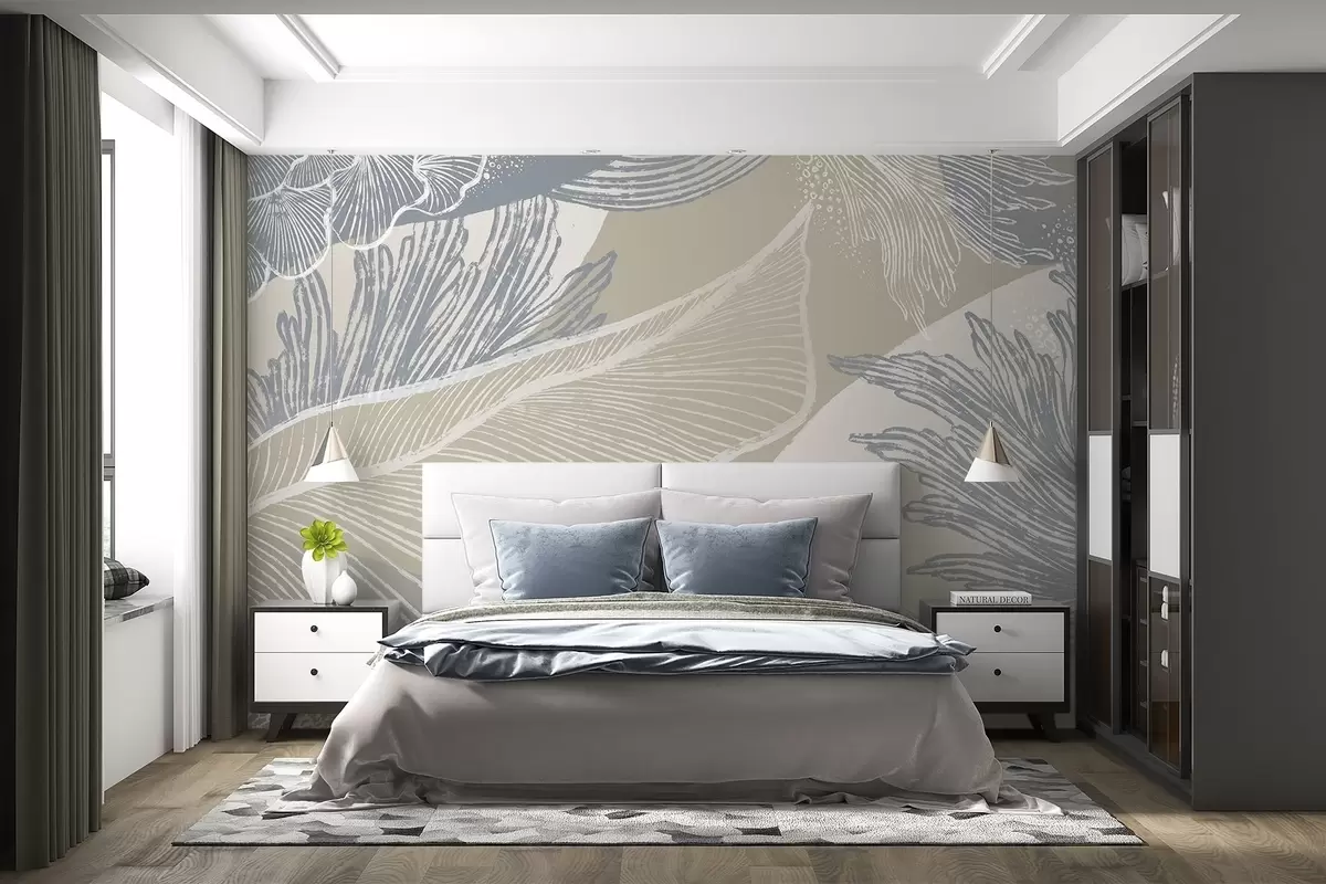 Fototapetes Pasteļzils un balts abstrakts raksts ar organiskām formām un līnijām un piesmakušu krāsu paleti w08450