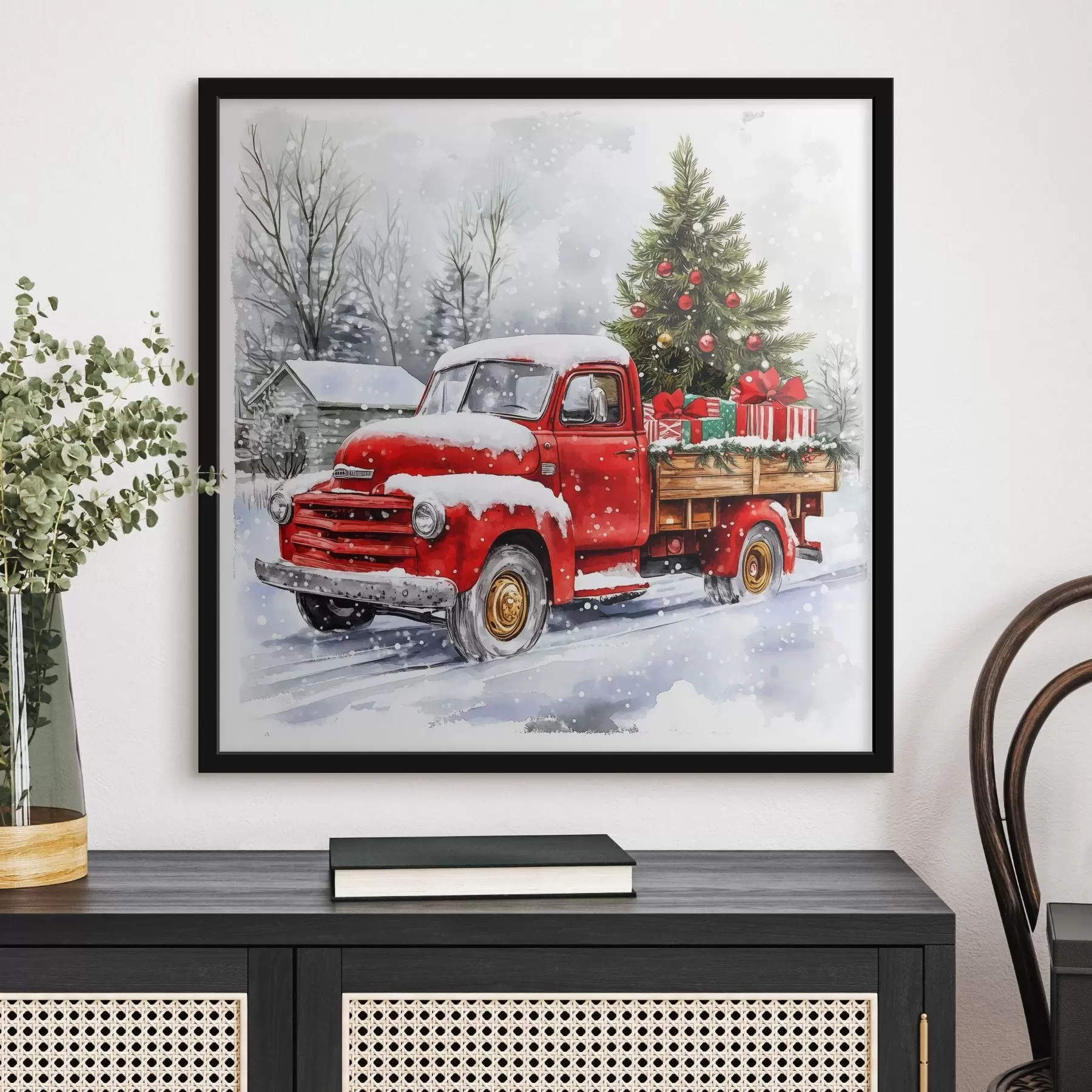 Glezna Ziemassvētku automašīna ar eglīti un dāvanām sniegotā laikā f41968