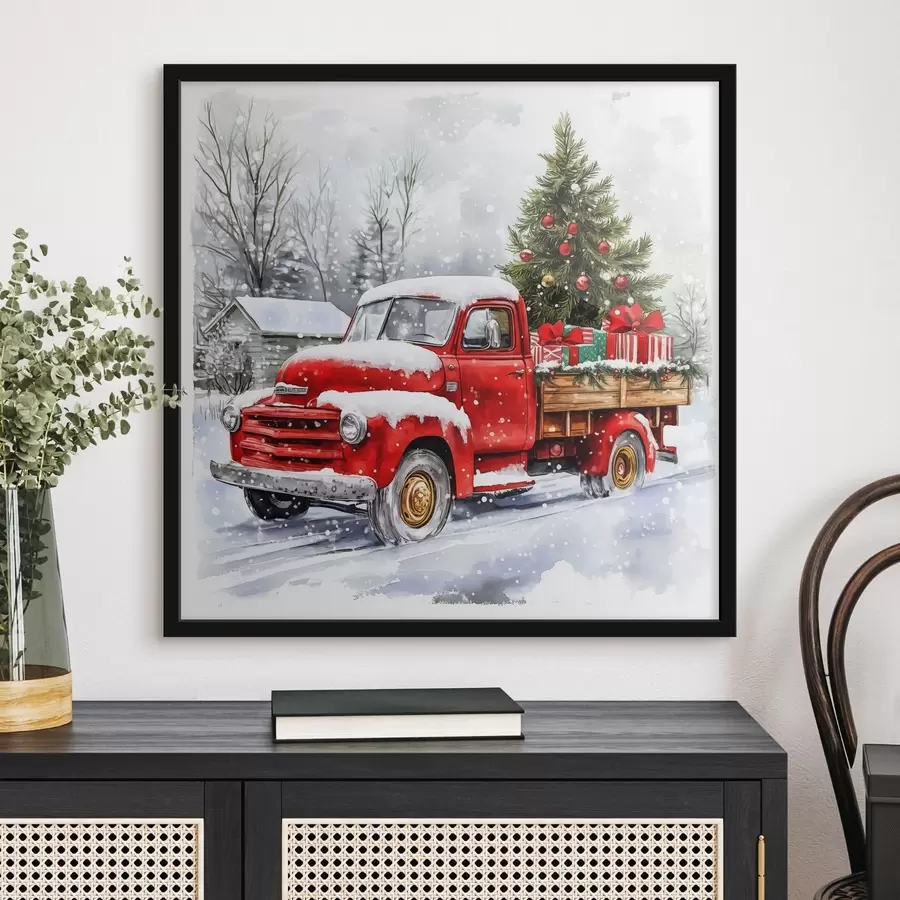 Fototapetes Ziemassvētku automašīna ar eglīti un dāvanām sniegotā laikā f41968