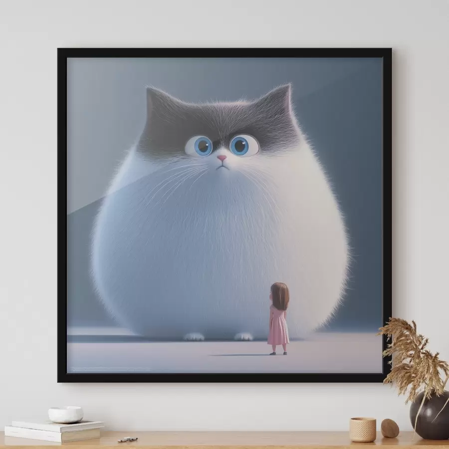 Fototapetes Pārsteigts pūkains kaķis ar meiteni ilustrācijas stilā f41974