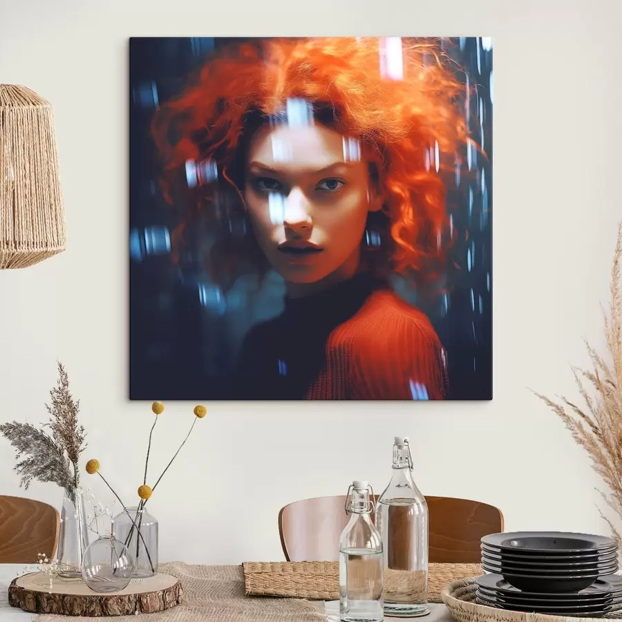 Glezna Meitene ar sarkaniem matiem uz tumši zila fona s41934