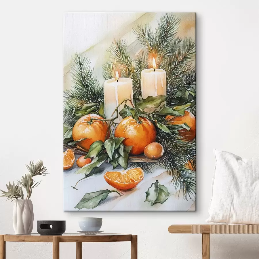 Glezna Skaists Ziemassvētku dekors ar svecēm, apelsīniem un priežu zariem s41958