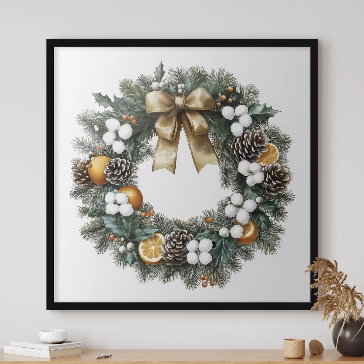 Plakāts Ziemassvētku priežu vainags ar loku, kokvilnu, apelsīniem, ogām un čiekuriem f41962