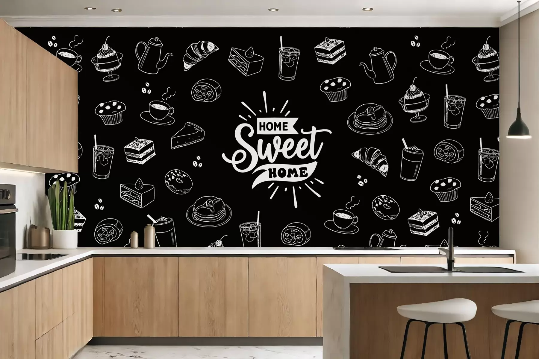 Fototapetes melnas tapetes virtuvē ar baltiem rakstiem w02349
