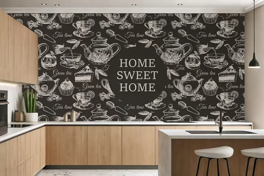 Fototapetes tumšas tapetes virtuvē ar smilškrāsas modeļiem w02404